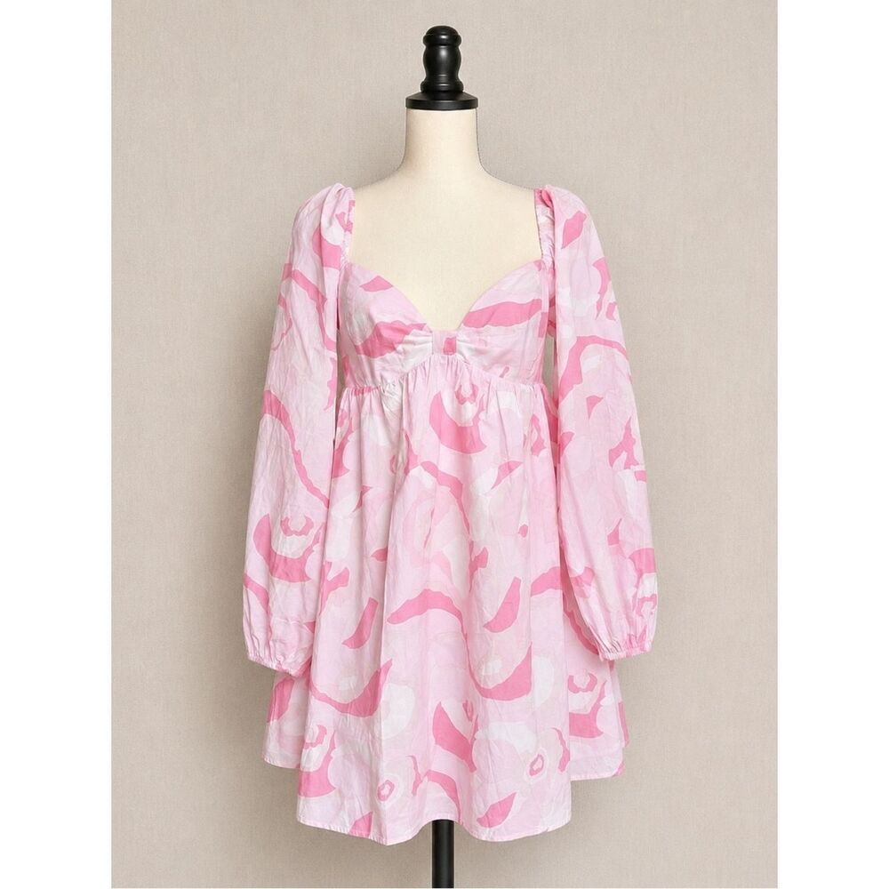 Moodie Women's Pink Babydoll Dress M Long Sleeve Sweetheart Neckline Milkmaid